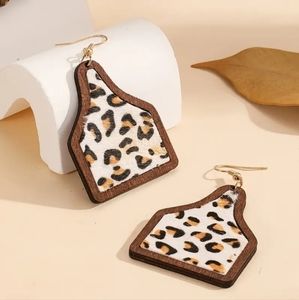 Wooden and faux hyde Cattle ear tag western leopard earrings